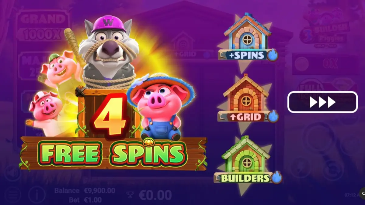 Interface do jogo 3 Builder Piggies com os três porquinhos e elementos da construção