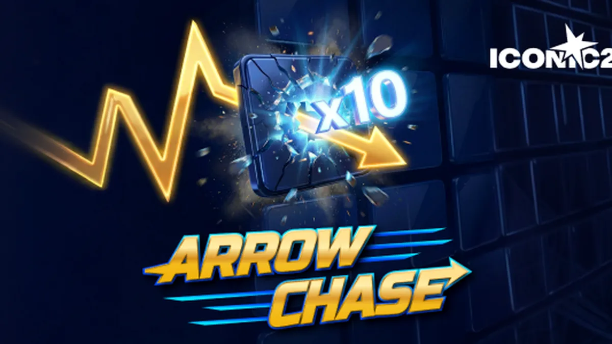 Captura de tela do jogo Arrow Chase da ICONIC21 mostrando a seta e os blocos multiplicadores.