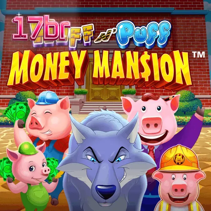 Captura de tela do jogo Huff N Puff Money Mansion, mostrando os porquinhos construtores e elementos da mansão em um cenário vibrante.